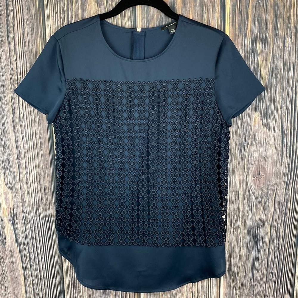 Ann Taylor Navy Blouse W/ Crochet Overlay & Gold Colored Zipper- Size XS